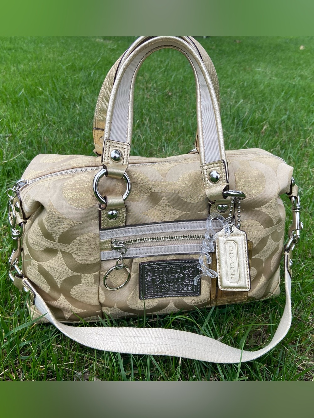Coach Poppy Metallic Gold Signature Satchel with Leather